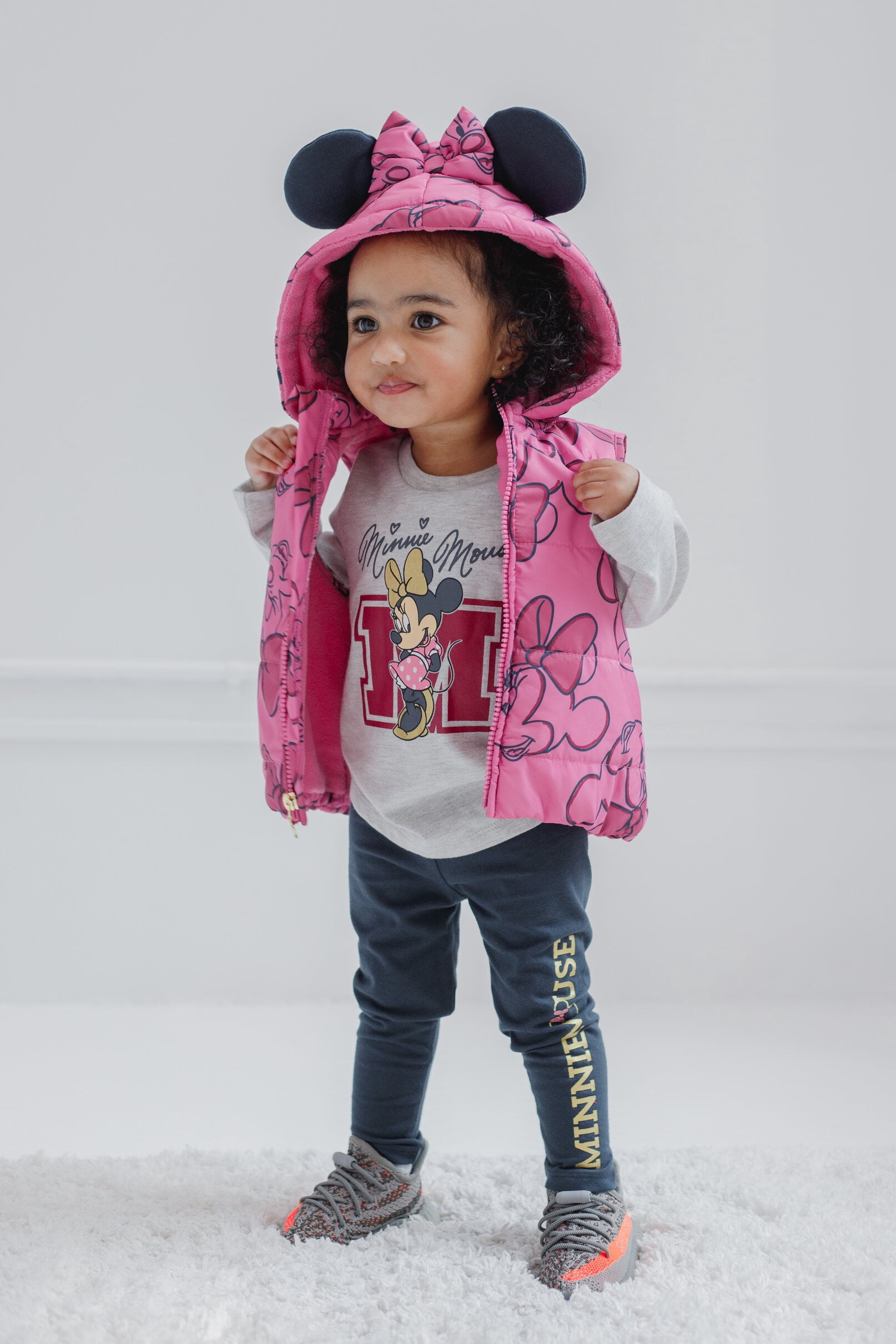 Disney Minnie Mouse Toddler Girls Zip Up Vest Puffer T-Shirt and Leggings 3 Piece Outfit Set Infant to Big Kid