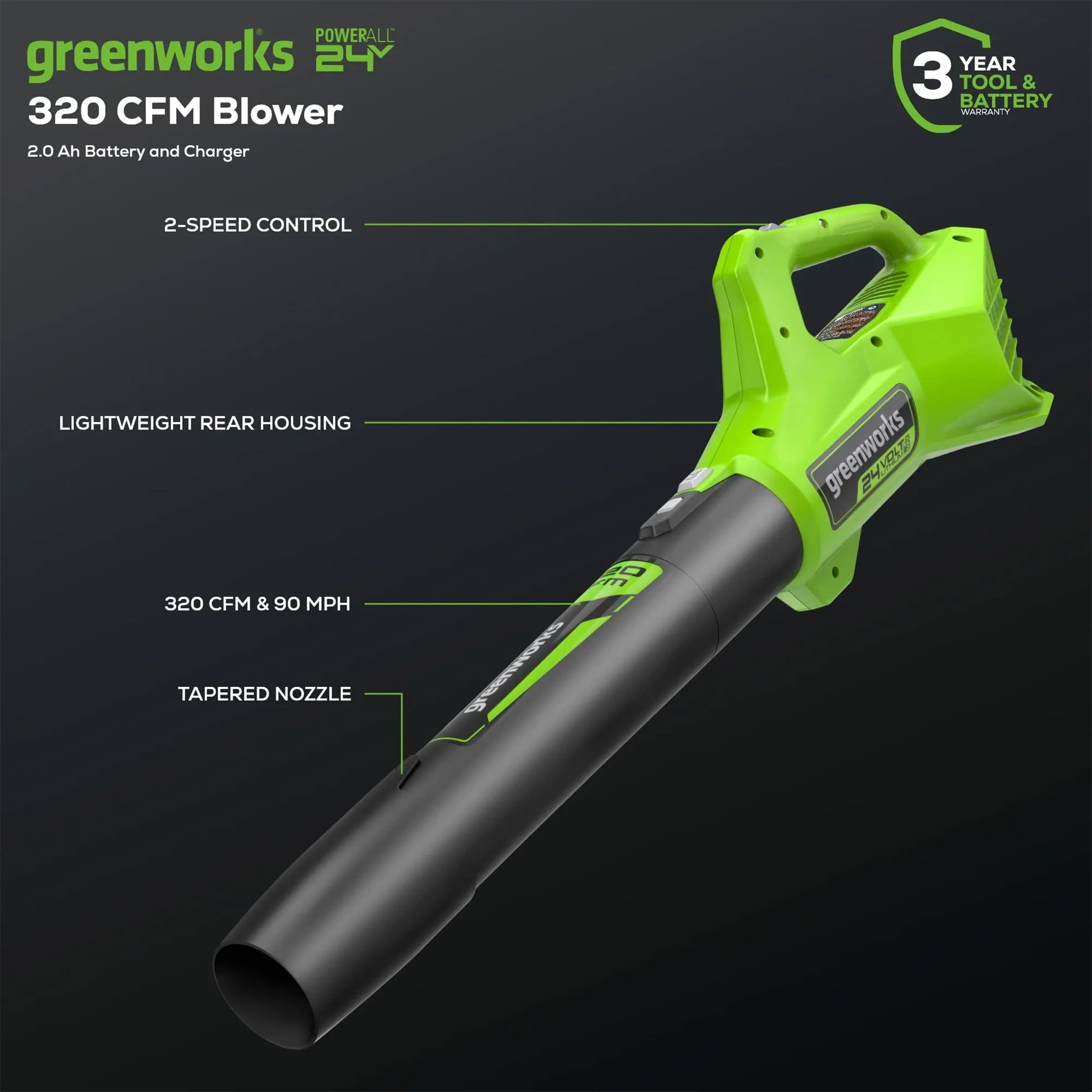 Greenworks 24V Cordless Axial Blower (90 Mph / 320 Cfm) with