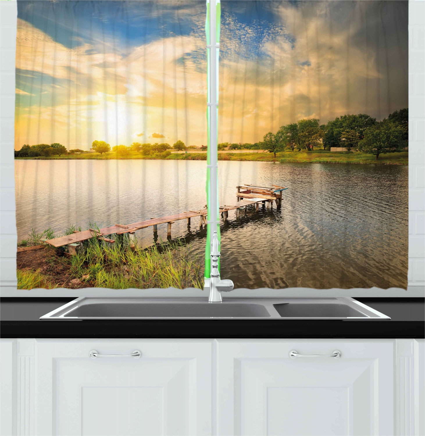 Nature Curtains 2 Panels Set, Wooden Deck on the Lake Surrounded by Foliage Greenery Evening Sky Serene Landscape, Window Drapes for Living Room Bedroom, 55W X 39L Inches, Multicolor, by Ambesonne