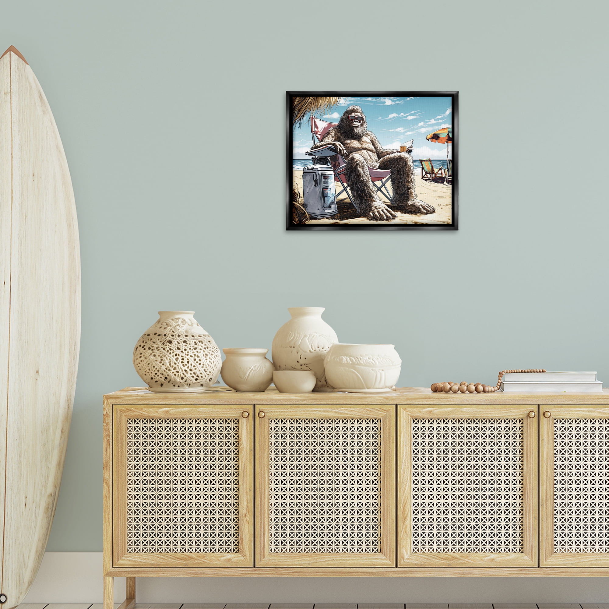 Stupell Industries Big Monster on Beach Fairy Tales & Fantasy Painting Black Floater Framed Canvas Art Print Wall Art, 21 x 17