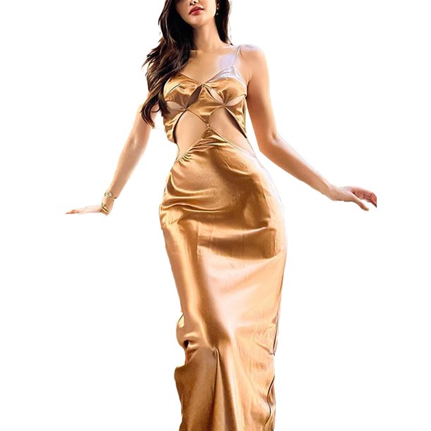 VISgogo Vestido largo con tirantes informales para mujer, vestido sin espalda con cuello en V hueco de Color sólido a la moda VISgogo moda