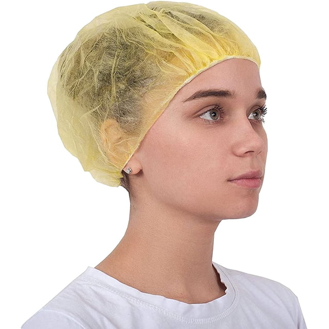 Paquete de 100 gorros desechables tipo bouffant amarillos de polipropileno no tejido, medianos, 21" con banda elástica ajustable