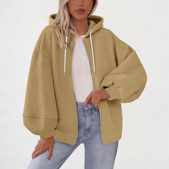 Busydd Womens Hoodies Casual Solid Color Zip Up Hoodie Comfortable Loose Long Sleeve Drawstring Fall Jackets for Women with Pockets S