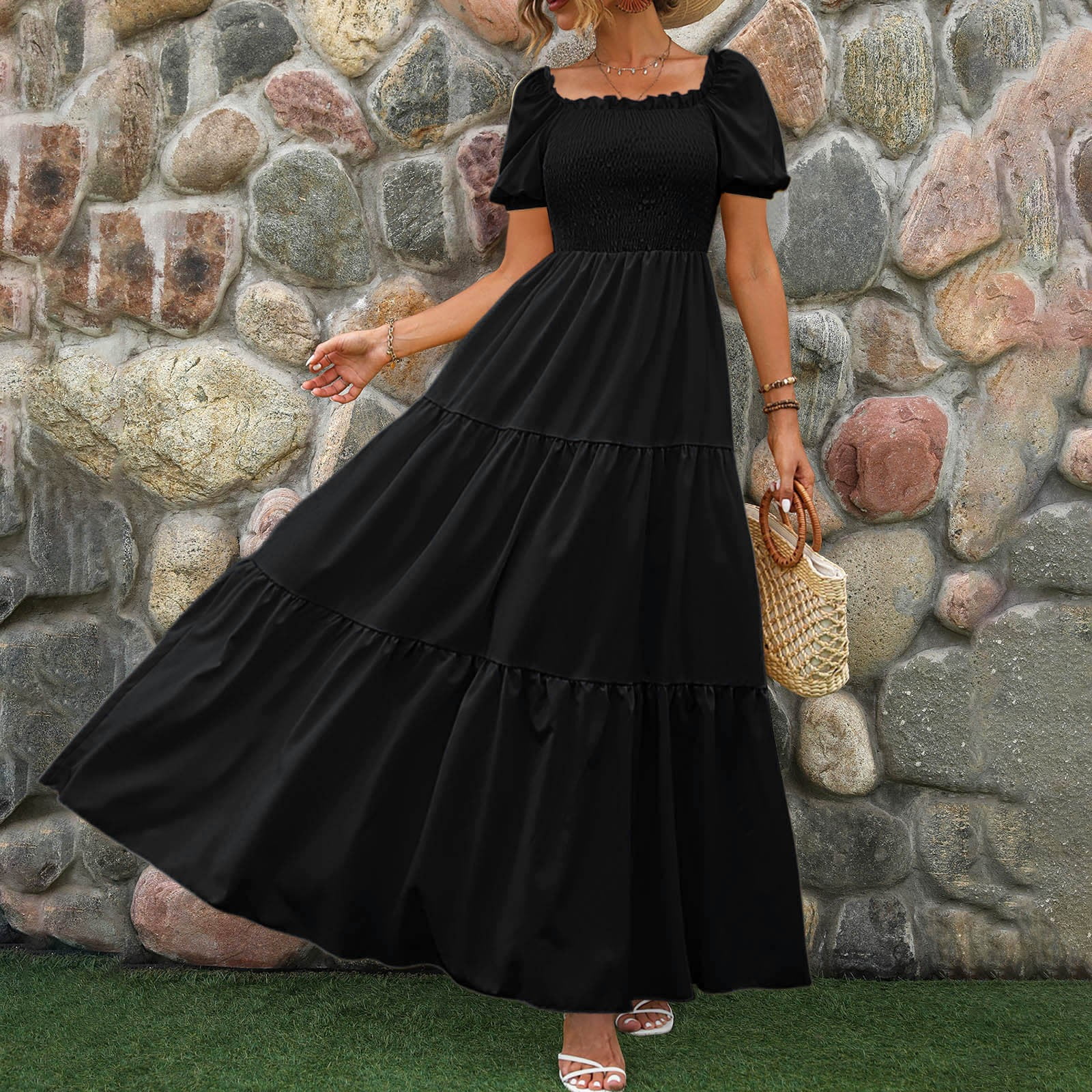 Dresses for Women 2025 Elegant Classy Floral Boho Wrap Crew Neck Short  Sleeve Belted Ruffle Hem A Line Sun Dress Black M - Walmart.ca