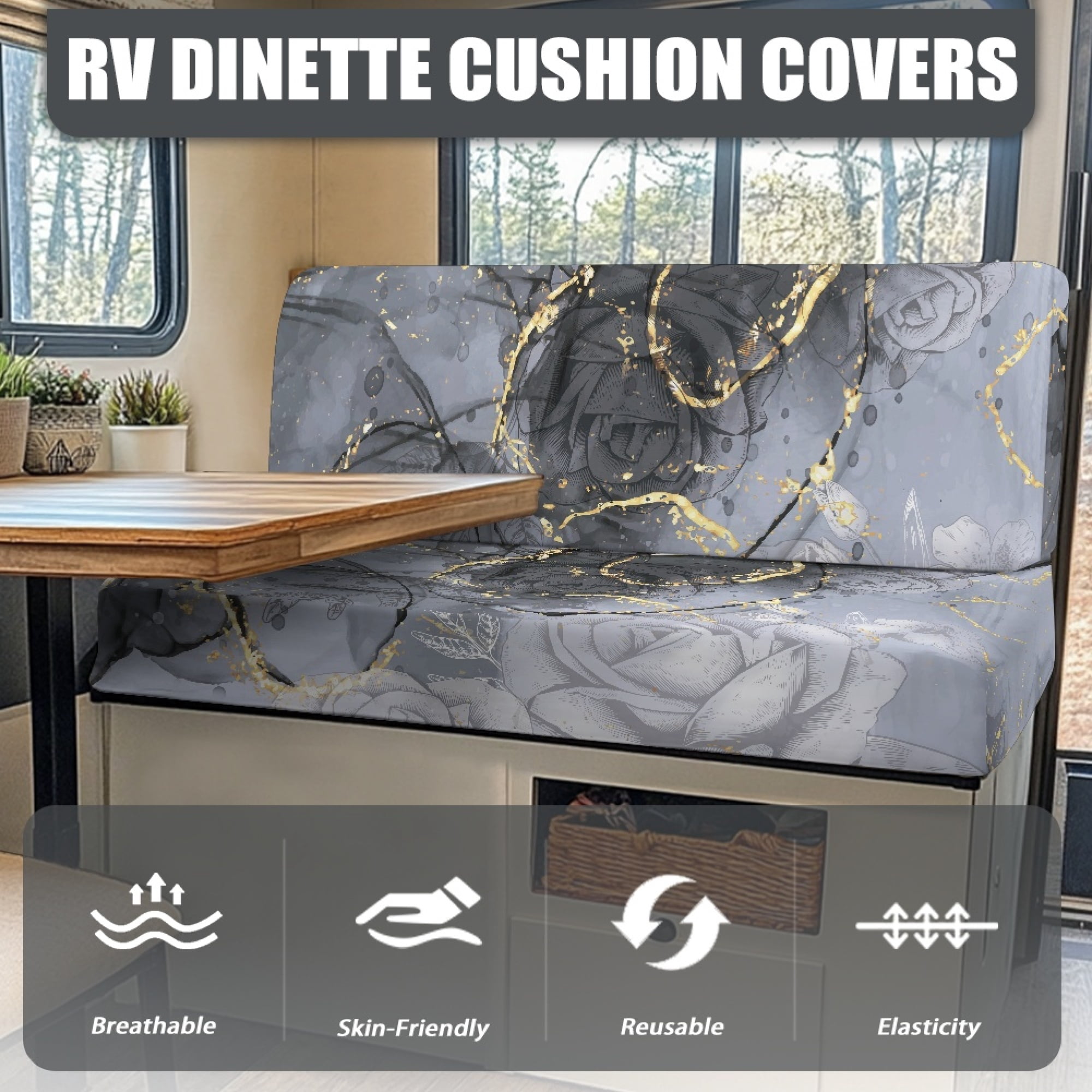 Yuyamidu Gray Marble Print RV Dinette Cushion Covers Rose Camper Cushion Slipcovers 2 Pack Elastic Camper Dinette Seat Covers RV Sofa Slipovers Protection
