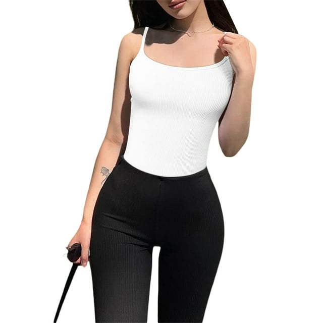 xiaxaixu Justaucorps pour Femmes, Sans Manches Côtelé Col Rond Couleur Unie Justaucorps Gainant Camisoles