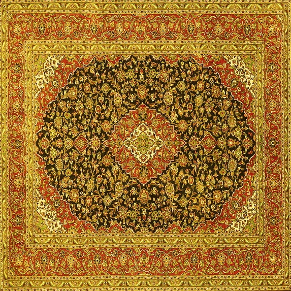 Ahgly Company Machine Washable Indoor Square Medallion Yellow Traditional Area Rugs, 4' Square