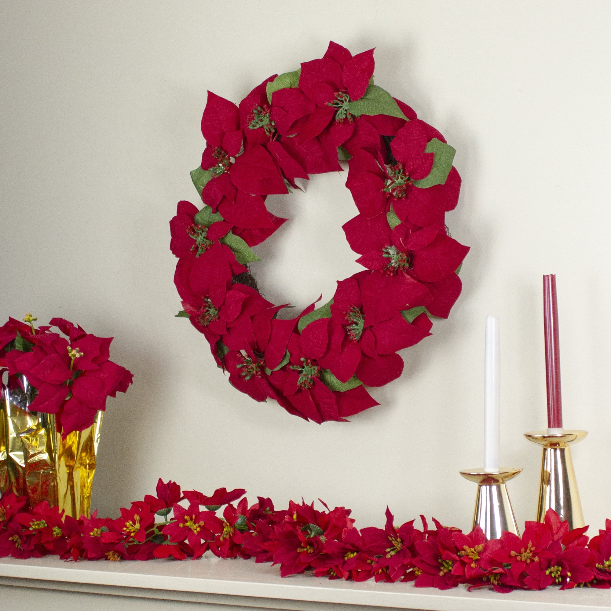 Northlight 24" Red Artificial Poinsettia Flower Christmas Wreath - Unlit