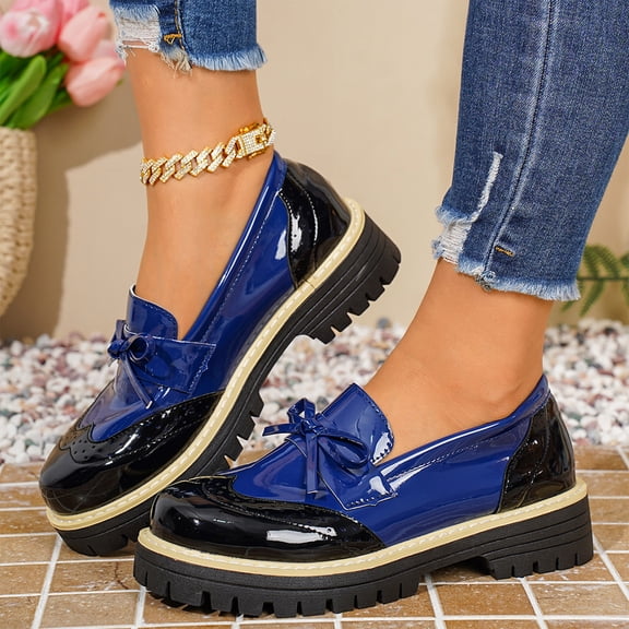 HTHLVMD Women's Patent Leather Loafers, Womens Platform Bow Loafers Fashion Patent Leather Comfort Round Toe Slip On Lug-Sole Chunky Heel Penny Loafers Daily Casual Business School, Blue 5.5