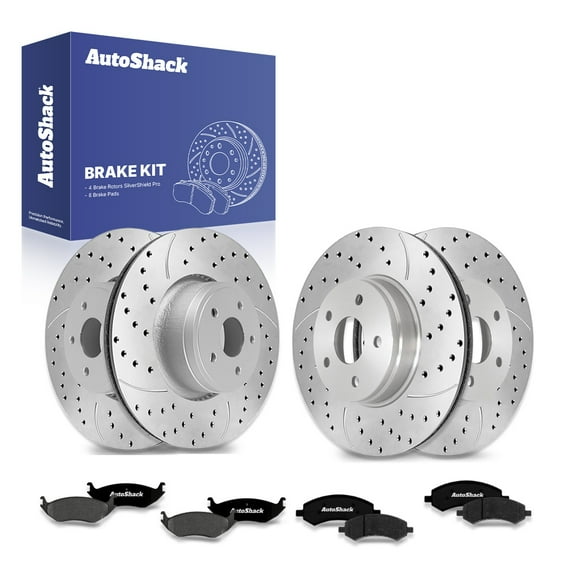 AutoShack Front & Rear Drilled & Slotted Brake Rotors Premium Ceramic Brake Pads | Replacement for 2006-2018 Ram 1500 2007-2009 Dodge Durango | Silver Zinc Coated | 12-PC Brake Kit | SilverShield Pro
