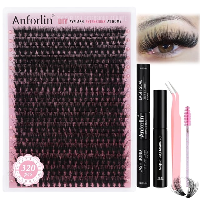 Kit de extensión de pestañas Anforlin, 320 unidades, racimos de pestañas esponjosas