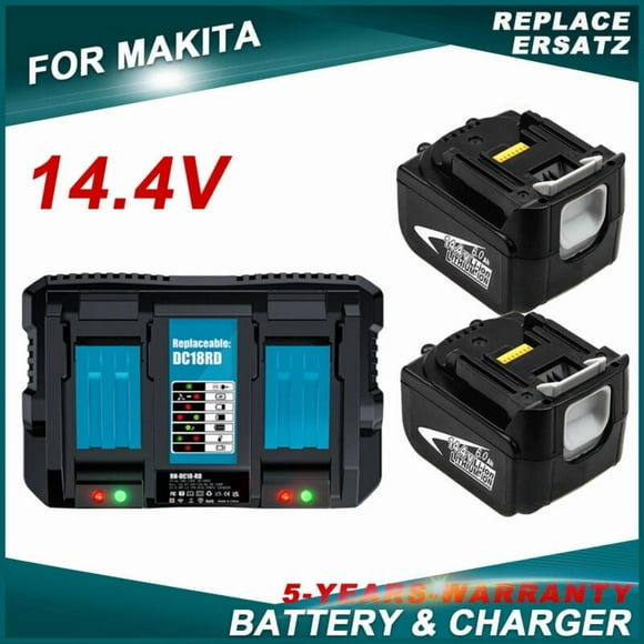 2pcs For Makita 14.4V 6Ah Rechargeable Power Tools Batteries +Dual Charger Dc18rd4S2P 18650 Li-ion Battery For Makita 14.4V BL1460 BL1430 1415 194066-1
