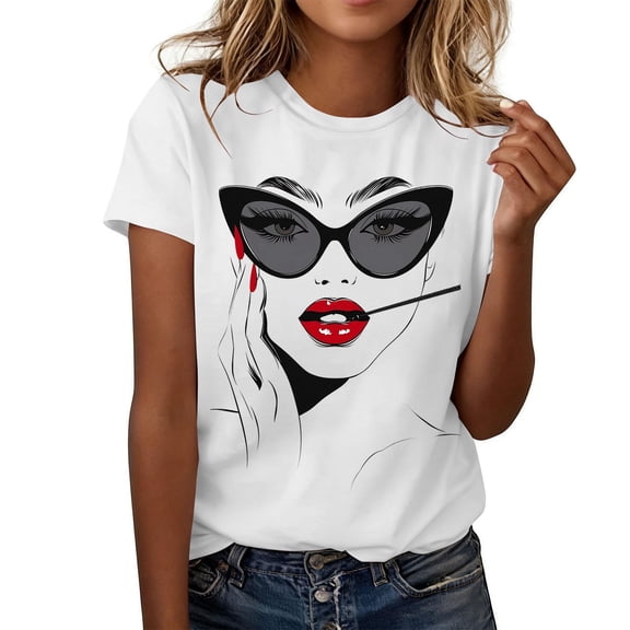 Jsaierl Tops for Women Short Sleeve Summer Holiday Shirts Round Neck Work Ladies Blouses Cute Graphic T-shirts Top Plus Size S-5XL
