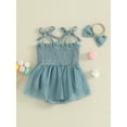 thumbnail image 4 of Bslissey Infant Baby Girls Summer Sleeveless Romper Dress Letter Tie Up Strap Tulle Patchwork Pleated Bodysuit with Headband Newborn Sweet Birthday Outfit 3M 6M 9M 12M 18M, 4 of 9