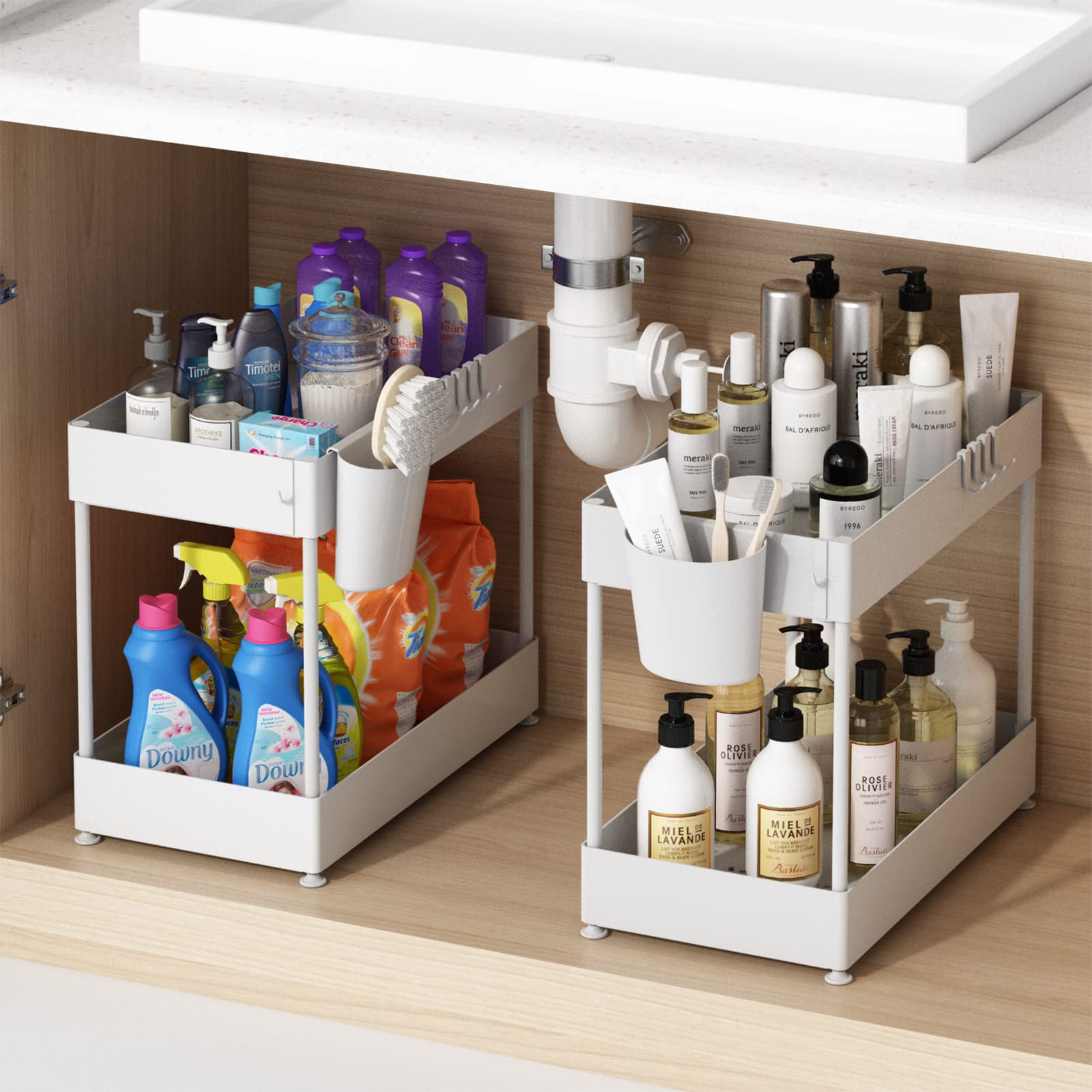 Under Sink Organizer, 2 Pack Bathroom Cabinet Organizer, 2 Tier Sliding  Cabinet Basket Organizer Drawer, Multi-Purpose Bath Collection Baskets for  Bathroom – Tidy Crate