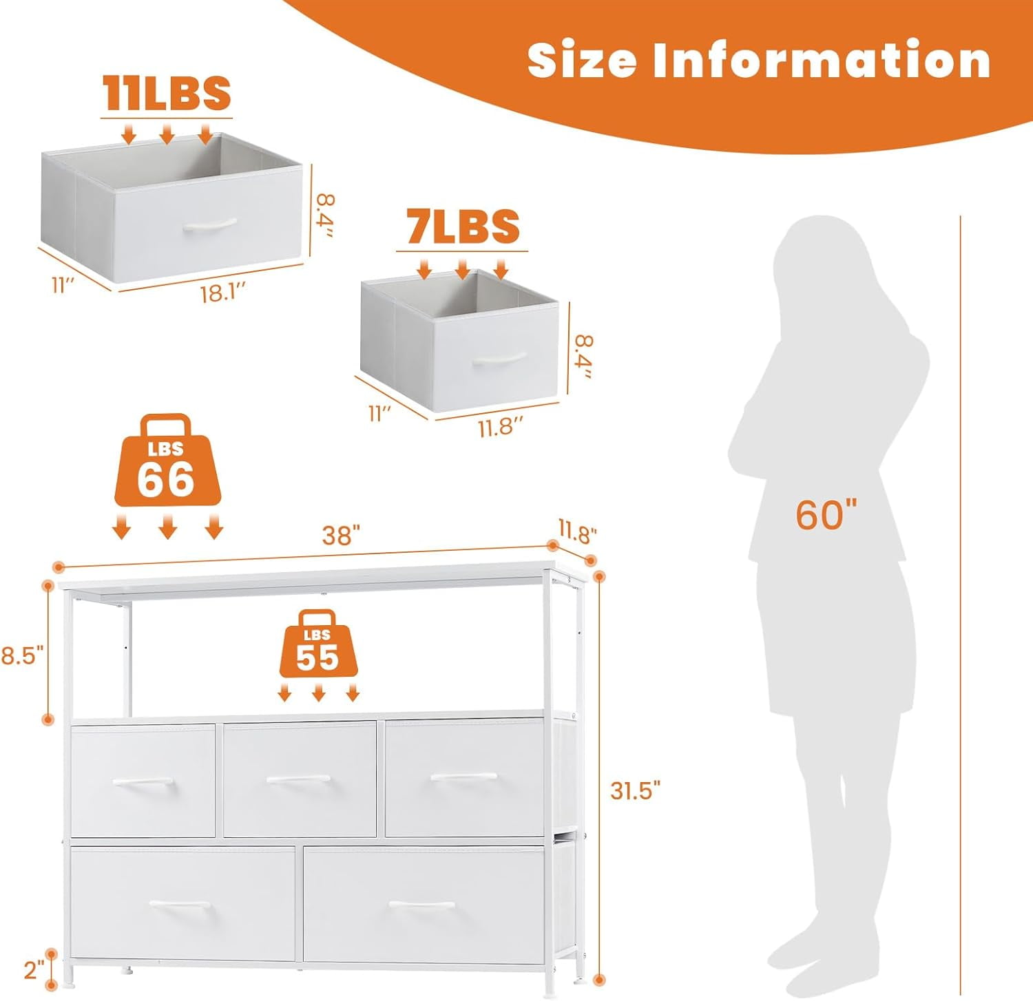 Bigleap TV Stand for Bedroom, TV Dresser for 45 inches, Media Console Table, Entertainment Center with 5 Fabric Drawers Cabinet and Open Storage Shelf Furniture Cabinet for Living Room, White
