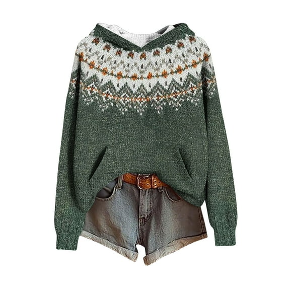 Women's Crewneck Hoodies Imitation Knitted Long Sleeve Sweaters Fashion Retro Printed Hooded Sweatshirt Fall Winter Blouse Clothings Loose Casual Jackets Pullover Outwears