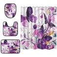 thumbnail image 2 of 4-Piece Bathroom Set with Waterproof Shower Curtain with Non-Slip Bath Mat, U-Shaped Mat & Toilet Lid Cover Purple Butterfly, 2 of 8