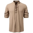 thumbnail image 2 of Dagegui Mens Lace Up Shirts Mock Neck Long Sleeve Ribbed T-Shirts Solid Color Casual Pullover Vintage Holiday Party Tee Tops Khaki L, 2 of 9