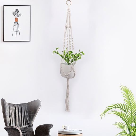 Plant Hanger,Macrame Woven Cotton Rope Basket with Wood Beads for 10in Pots,Bohemian Wall Decor for Indoor Herb Garden and Home Aesthetic Display(Beige)