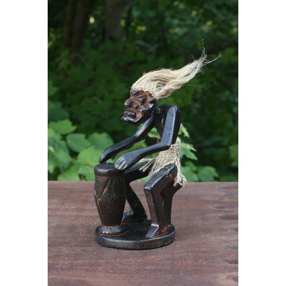 Handmade Wooden Primitive Tribal Playing Djembe Drum Figurine Statue Funny Sculpture Tiki Bar Handcrafted Unique Gift Decor Accent Figurine Hand Carved