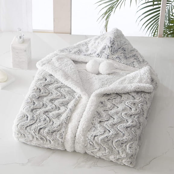 Chic Home Auburn Snuggle Hoodie Wavy Animal Pattern Robe Cozy Super Soft Ultra Plush Coral Fleece Sherpa Lined Wearable Blanket with 2 Pockets Hood Drawstring Button Closure, Silver-White, 51 x 71