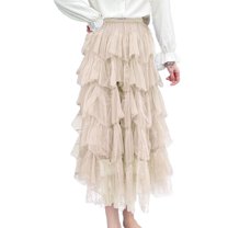 SWSMCLT Women's Tutu Skirt Long Fall Pleated Tulle Skirt Ruffle Mesh High Waist Skirt Apricot One Size