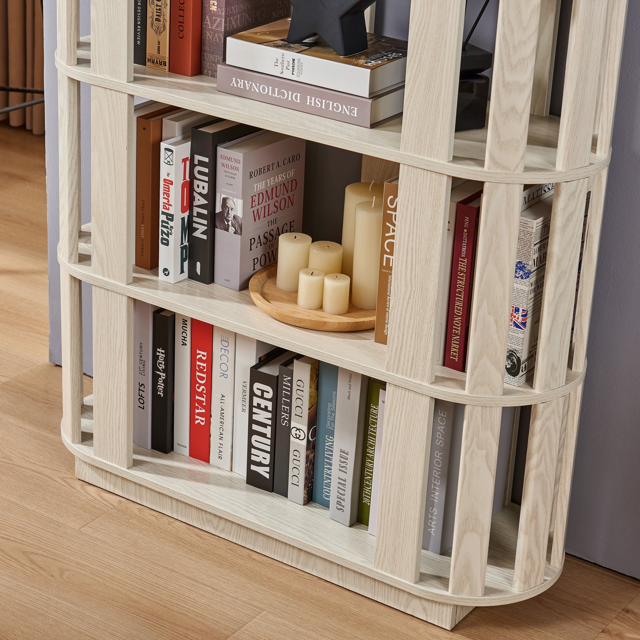 GDF Studio Lexair 5-Tier Wooden Oval Open Bookshelf with Curved Grid Frame, Storage Display Bookcase Rack, White Oak