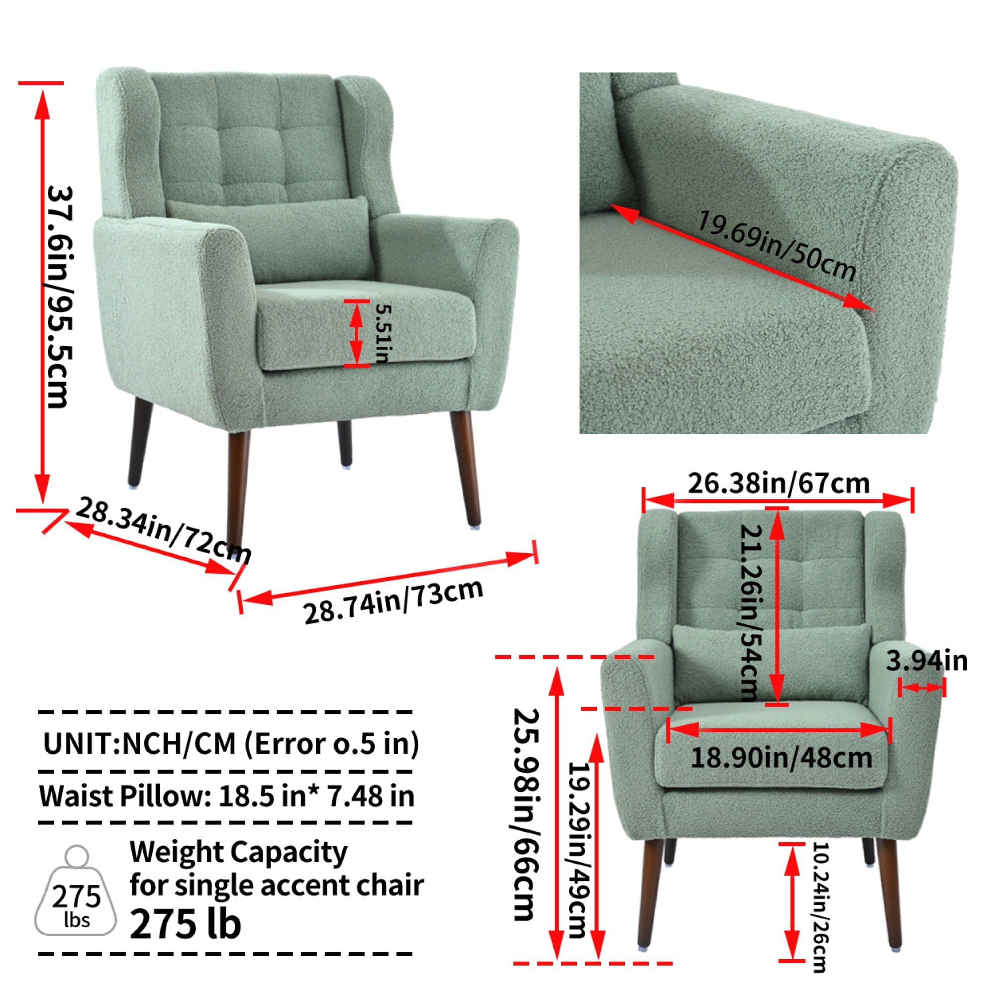 Leumius Modern Accent Chair with Solid Wood Leg, Teddy Armchair with Pillow, Comfy Soft Padded Lounge Chair for Small Space, Bedroom, Living Room Green
