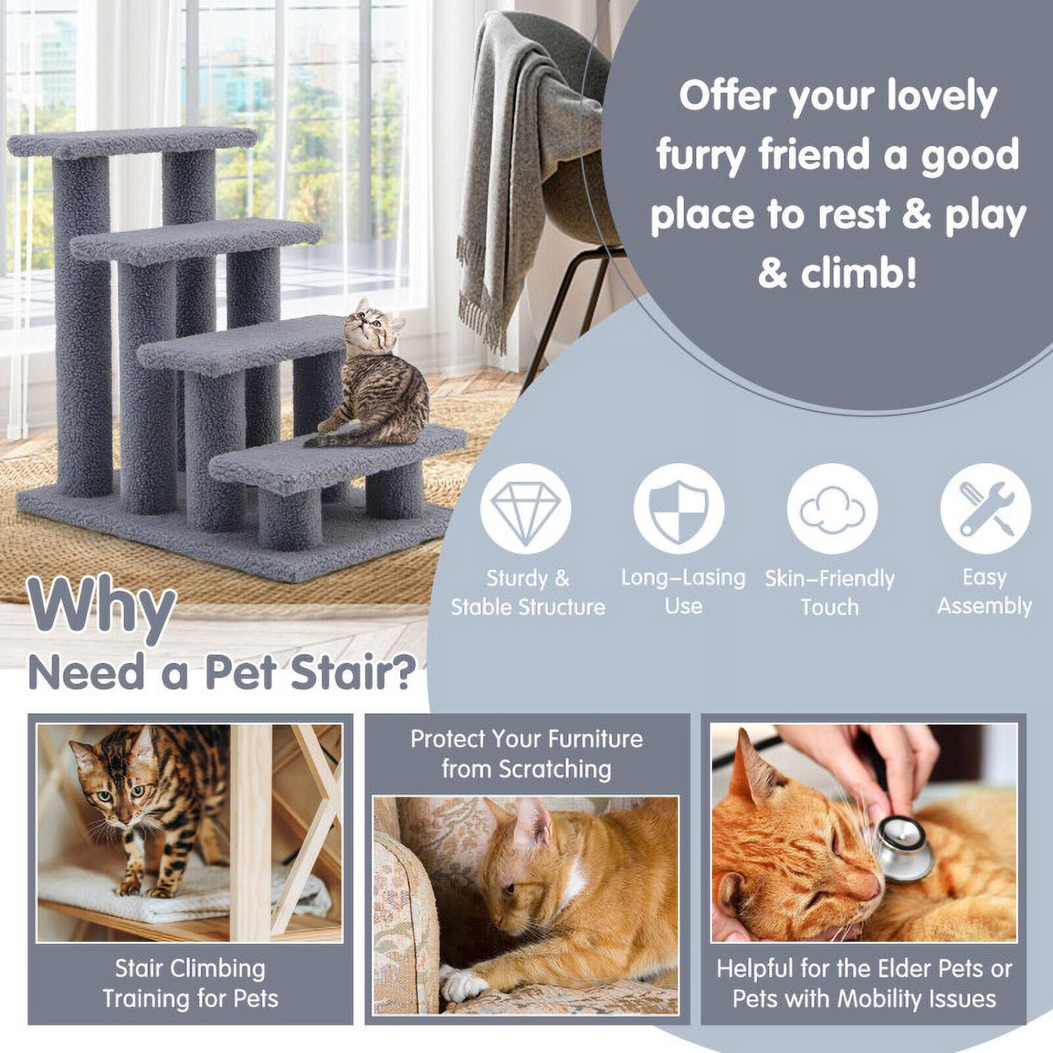 Kadyn Cat Tree for Large Cat, Cat Tower Heavy Duty, Extra Tall Cat Condo, 24 Inch 4-Step Pet Stairs Carpeted Ladder Ramp Scratching Post Cat Tree Climber-Gray