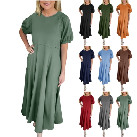 asdoklhq Dress for Women Fashion Women Summer Casual Round-Neck Short Sleeve Solid Long Dress Brown M