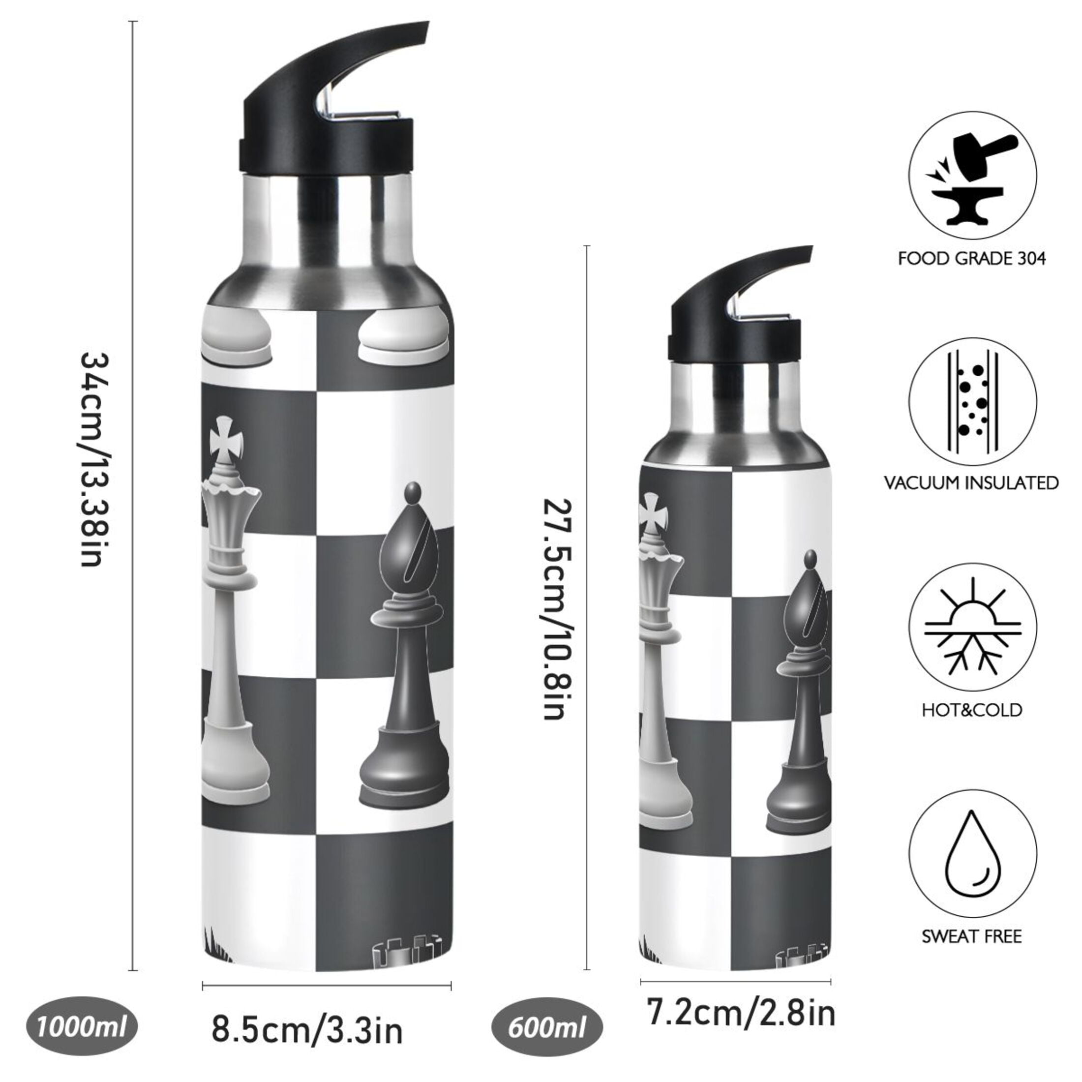 OREZI Stainless Steel Water Bottle Chess Pieces and Board 34oz/1000ml Double Wall Vacuum Insulation Leakproof for Sports Travel