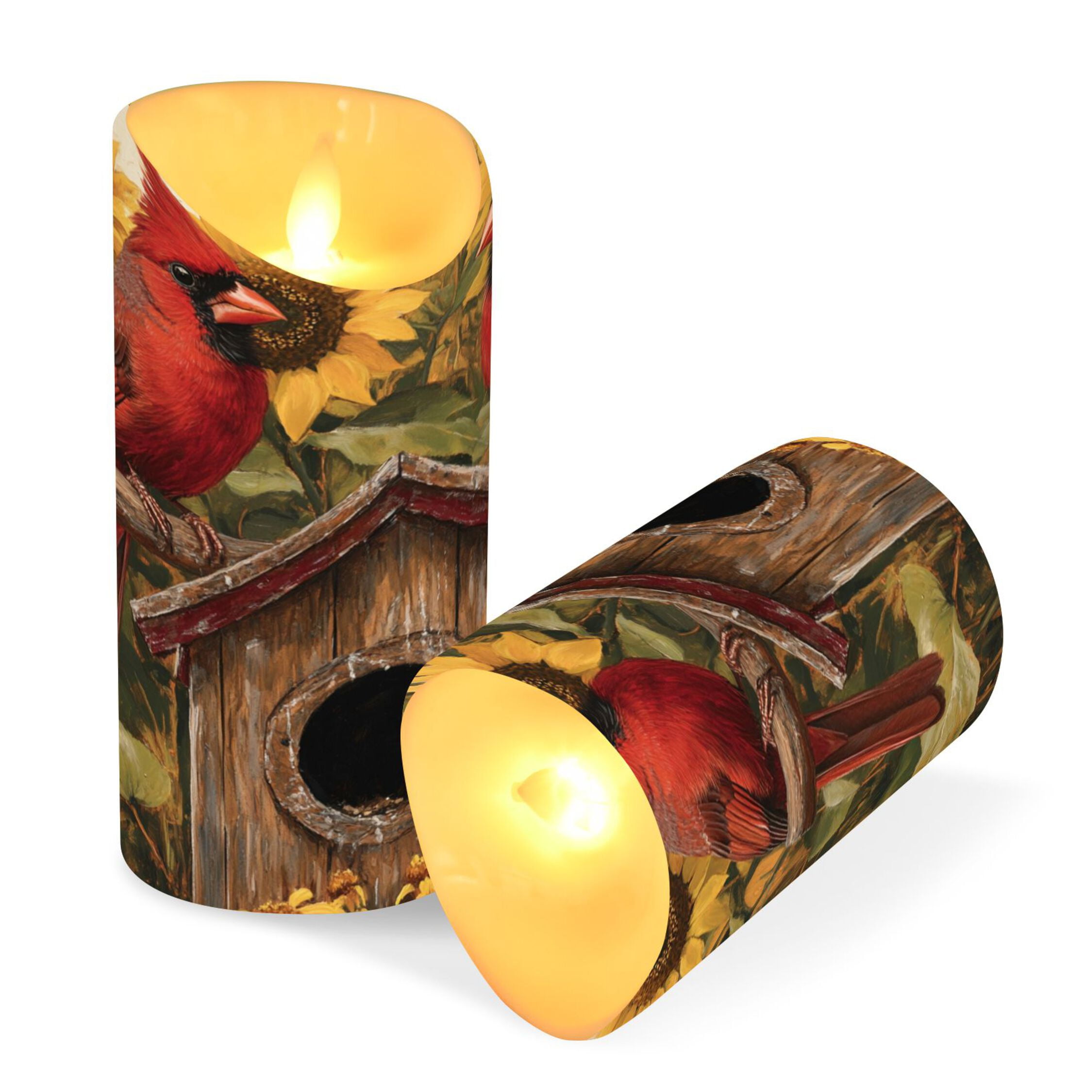Wobogo Summer Sunflowers Cardinal Bird Flameless Candles with Remote Battery Operated Flickering LED Candles with Timer 2/4/6/8H Medium Size