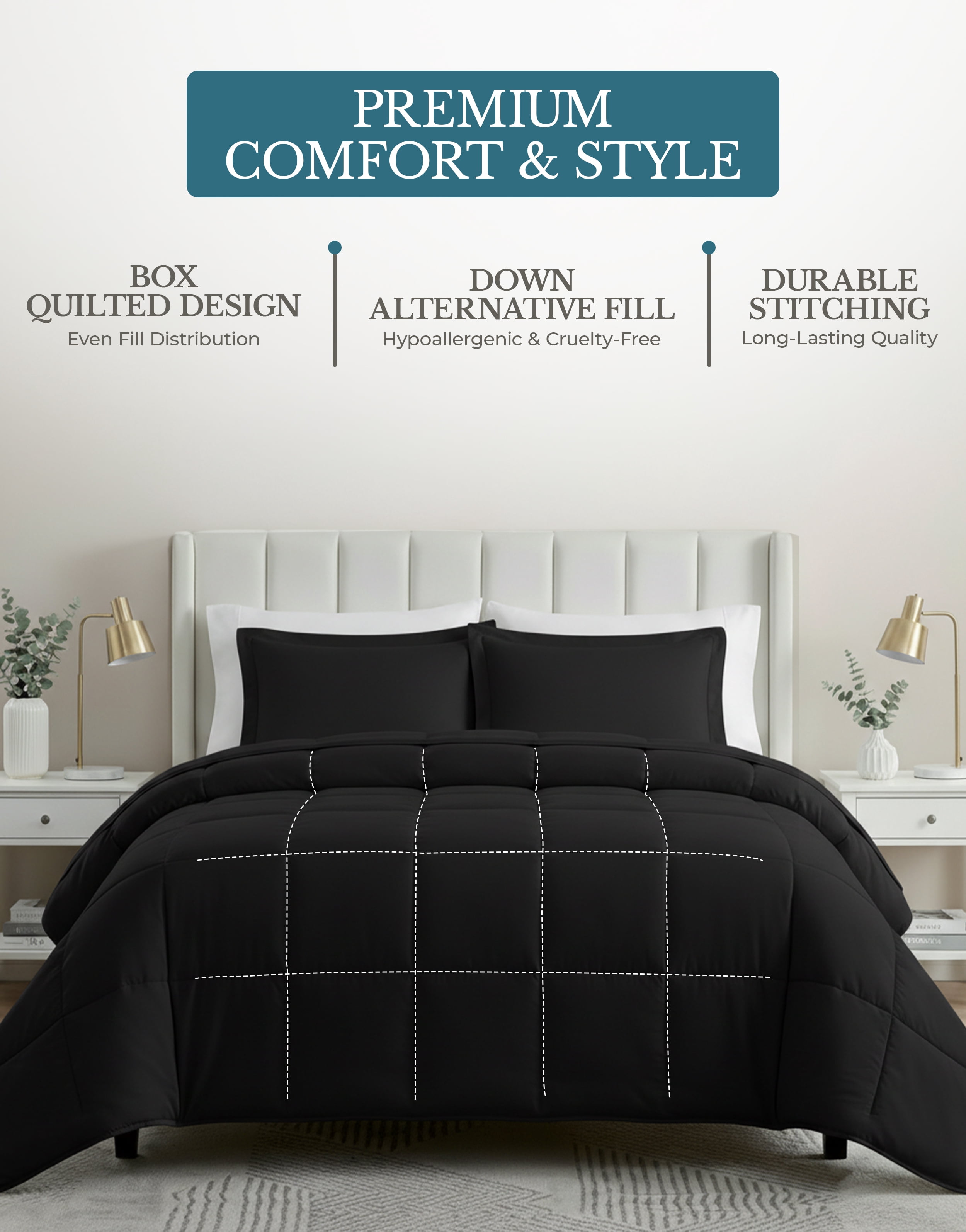 Casa Platino King Size Comforter Set - Duvet Insert King Size, Pre-Washed Ultra Soft, Breathable & Cozy, 100% Brushed Microfiber King Bed Comforter Set- Fade Resistant Comforter King Size Set - Black