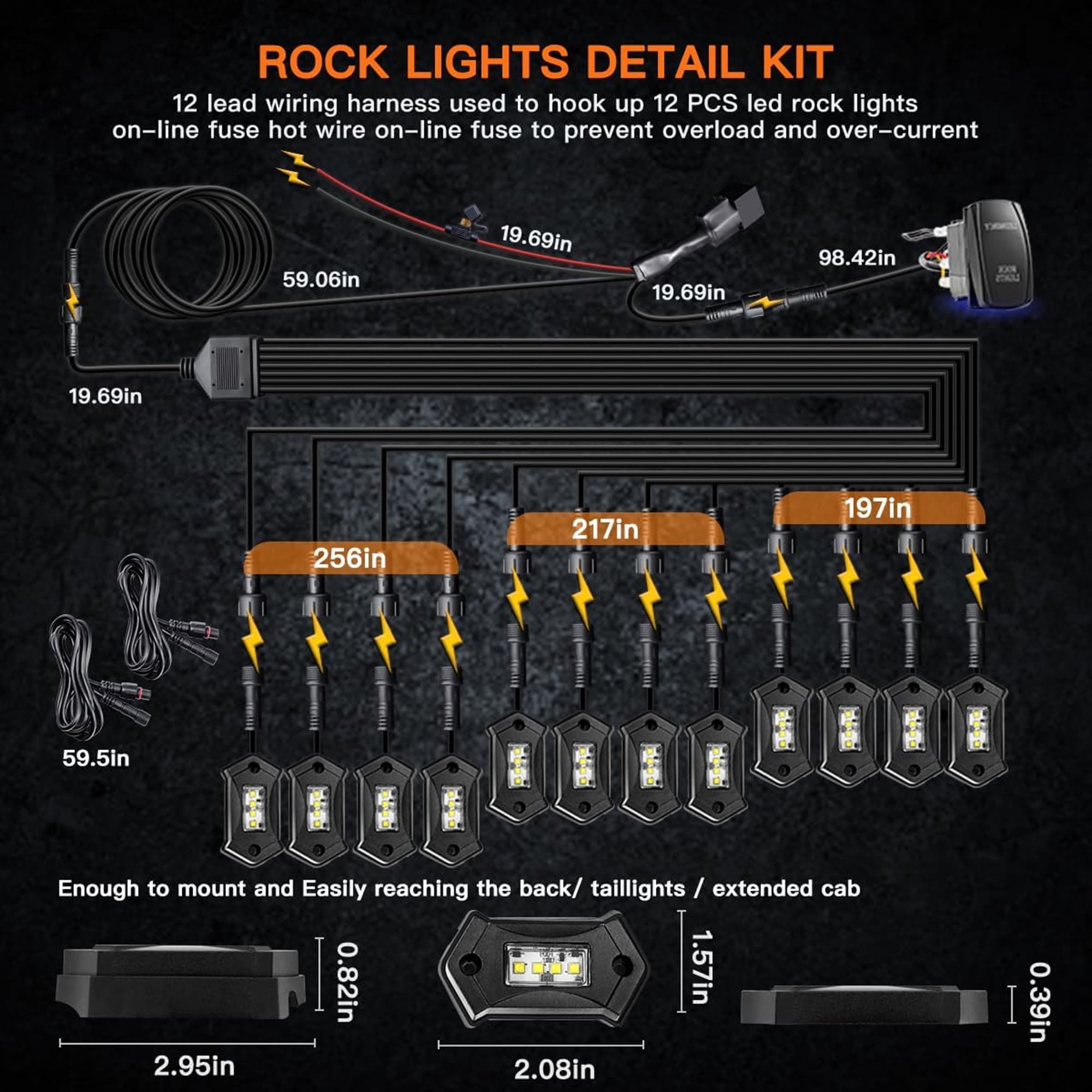 LEDMIRCY R3 Pure White Rock Light Kit with Rocker Switch Wire Harness 12PCS for off road Trucks Atv Utv Suv Under Body