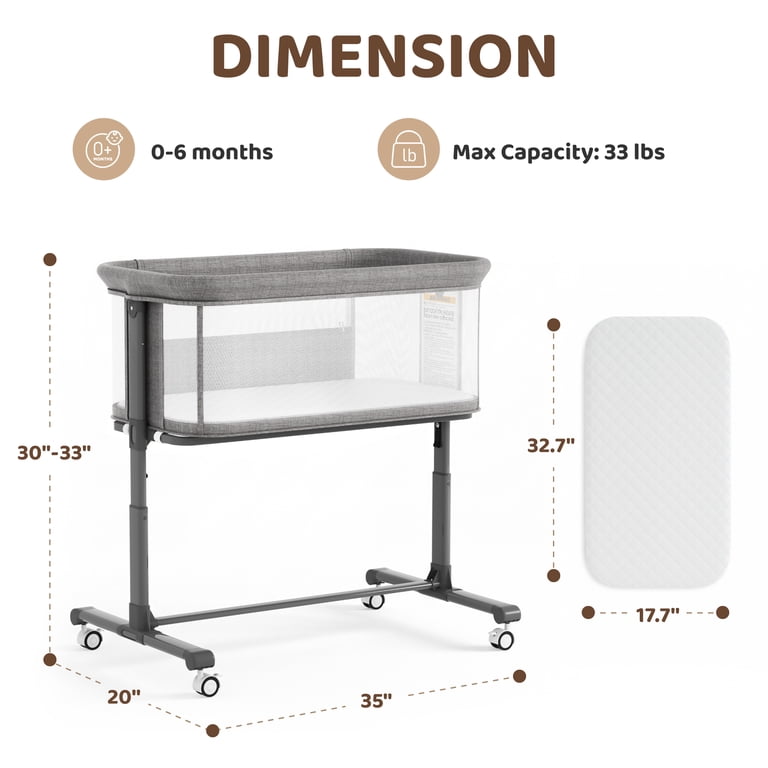 AILEEKISS Bedside Bassinet, 6-Height Adjustable, Grey photo 3