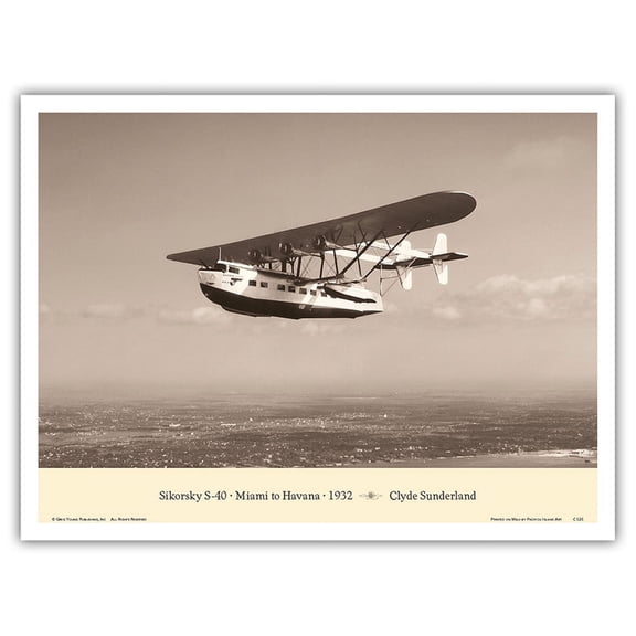 The Southern Clipper (Sikorsky S-40) - Miami to Havana 1932 - Pan American Airways - Vintage Aviation Poster by Clyde Sunderland - Master Art Print (Unframed) 9in x 12in