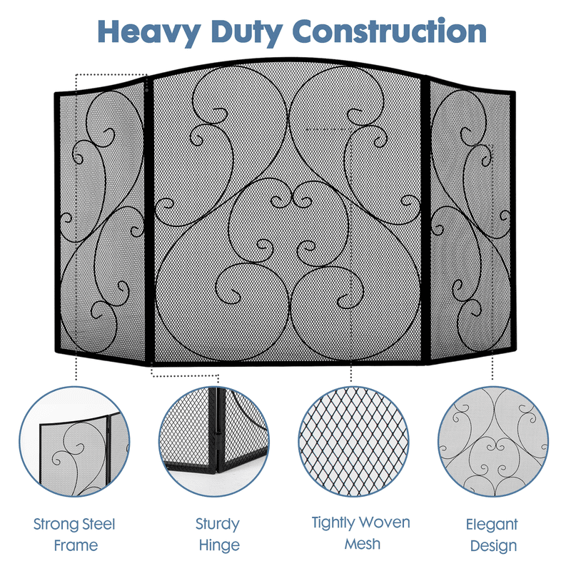Gianna 51" Fireplace Screen with Hinged Doors, 3 Panel Spark Guard Cover, 30.7" H Wrought Iron Metal Safety Gate for Fireplace and Living Room, Black