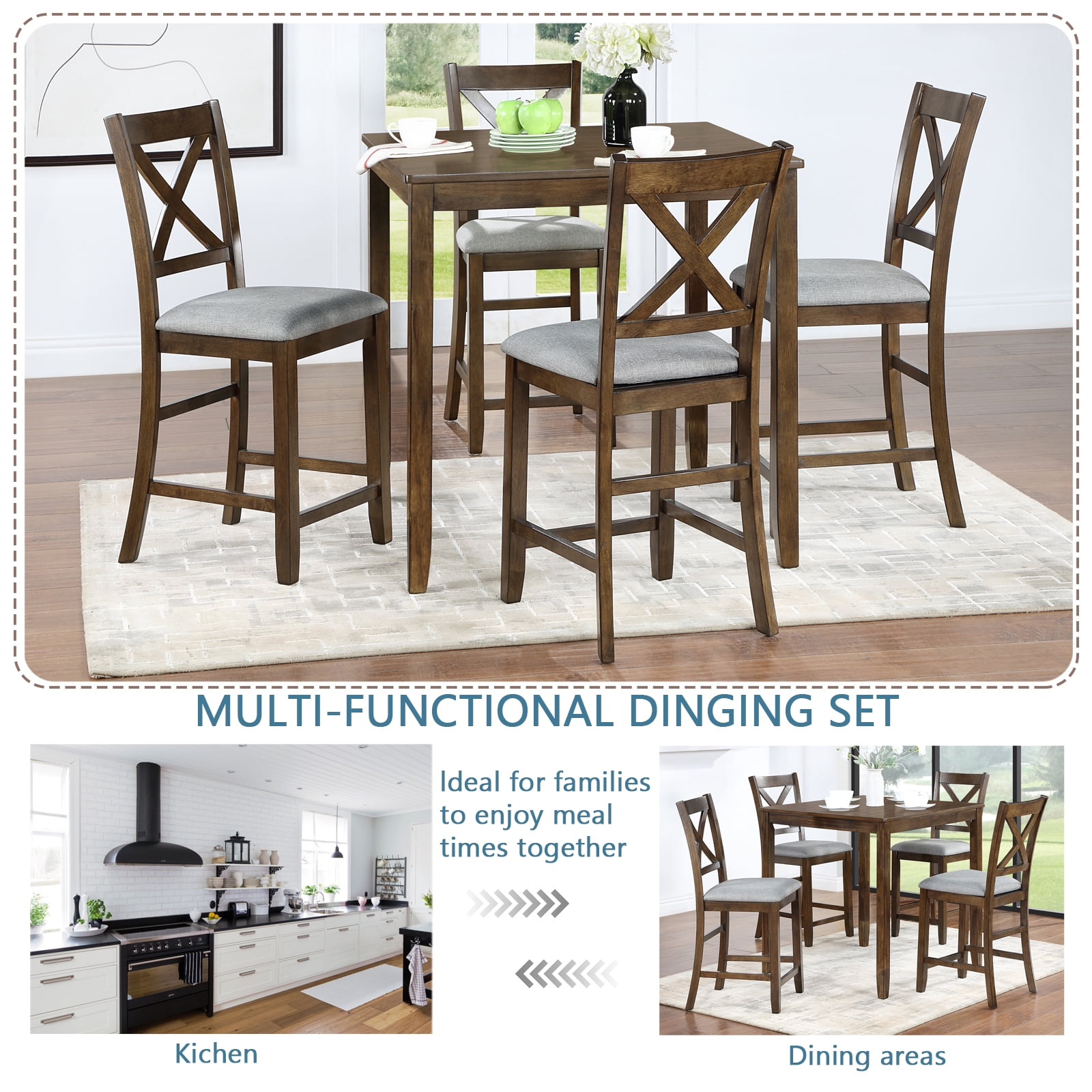 MAYEERTY 5 Piece Dining Table Set, Wooden Dining Square Table Set for 4, Counter Height Kitchen Table Set with Square Table and 4 Upholstered Chairs for Small Space, Walnut