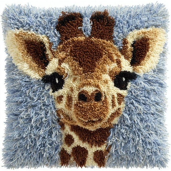 Latch Hook Kit, Giraffe Animal Latch Hook Pillow Kits For Adults Crochet Yarn Cushion Pre-Printed Needlework Handcraft 17X17 Inch