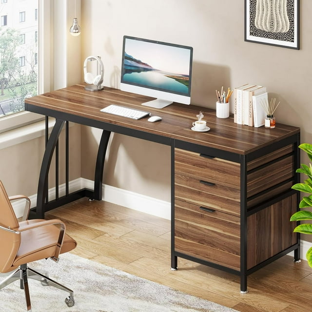 Tribesigns 59-Inch Computer Desk with 3 Drawers, Walnut Writing Table with Reversible Storage and File Drawer, Home Office Workstation with Metal Frame
