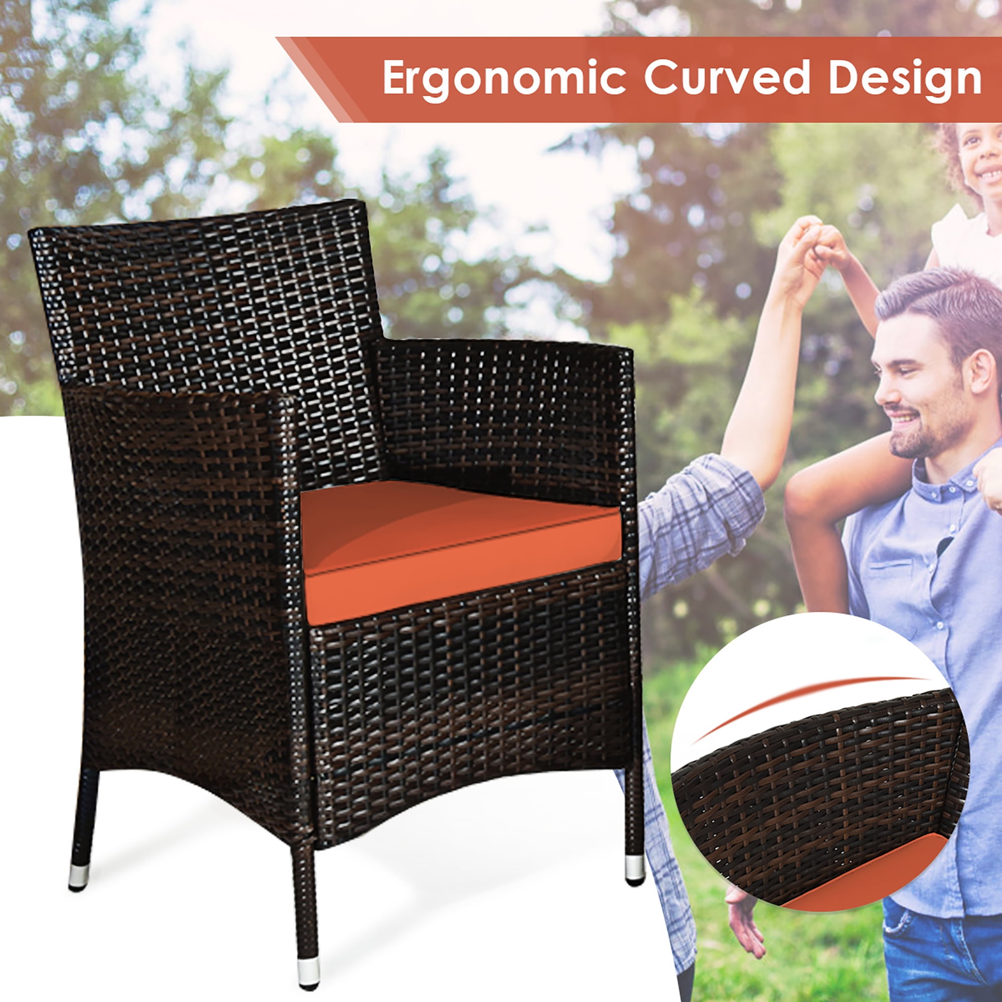 Gymax 4PCS Patio Rattan Conversation Furniture Set Outdoor w/ Orange Cushion