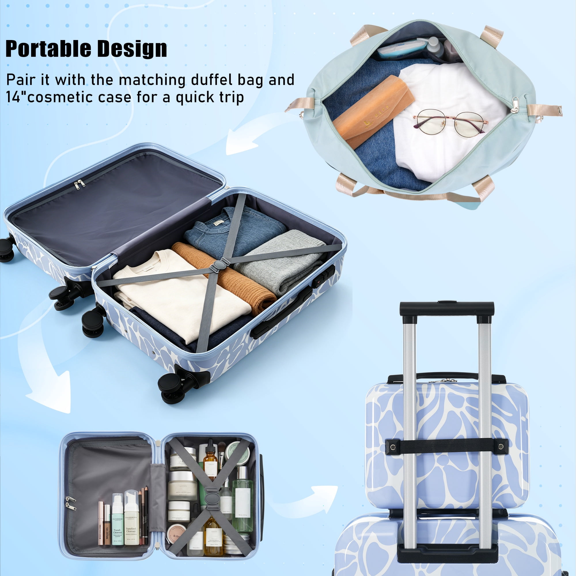 Euroco 6 Piece Luggage Set,ABS Hardshell Carry on Suitcase with TSA Lock,Spinner Wheels & Expandable Travel Duffel Bag,Lightweight Durable Luggage for Men Women,14/16/20/24/28 Inch,Blue