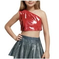thumbnail image 2 of Girls Sequin Shirt Trendy One Shoulder Sparkle Shimmer Cropped Dance Tshirts Kids Summer Glitter Performance Shirts, 2 of 4