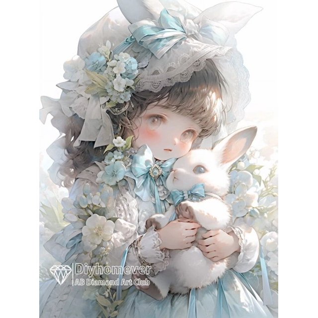 Pintura de diamante AB 5D DIY, mosaico bordado, Cuadrado completo, redondo, imagen de punto de cruz, regalo de decoración del hogar, lindo conejo de niña de dibujos animados
