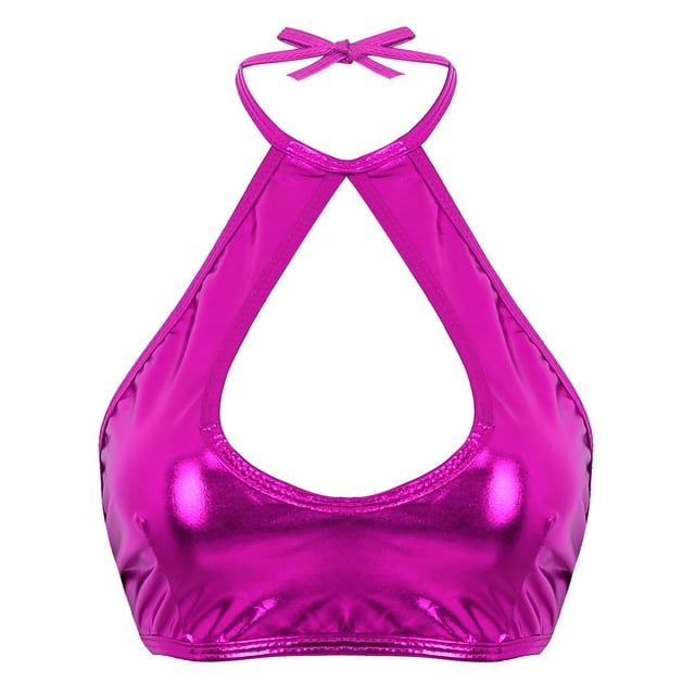 Haitryli Women's Shiny Metallic Keyhole Crop Top Halter Backless Rave Bandeau Vest Bra Clubwear Rose One Size