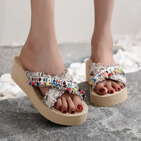 

Christmas Slippers Wear Fashion Shoes Shoes Heel Slope Outer Women s Beach Beads Thick Soled Women s Slipper