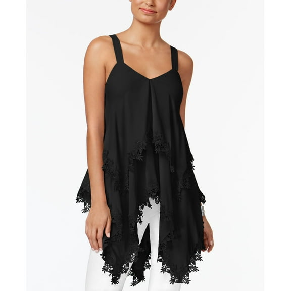 Love Scarlett Women Black Lace-Trim Layered Handkerchief Hem Tunic Blouse Top L