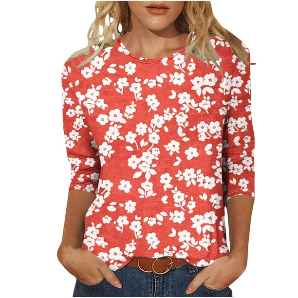 Camiseta de Cuello Redondo Impresa Casual para Mujeres con Mangas 3/4, Camiseta de Moda Casual de Longitud Media