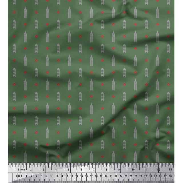 Soimoi Poly Georgette Fabric Curve Diamond & Clock Tower Architectural Print Fabric by the Yard 52 Inch Wide